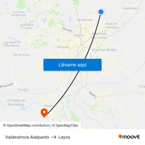Valdeolmos-Alalpardo to Layos map