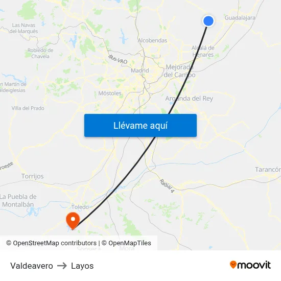 Valdeavero to Layos map