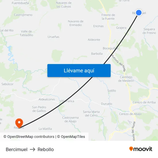 Bercimuel to Rebollo map