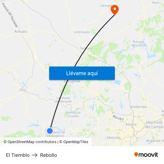El Tiemblo to Rebollo map