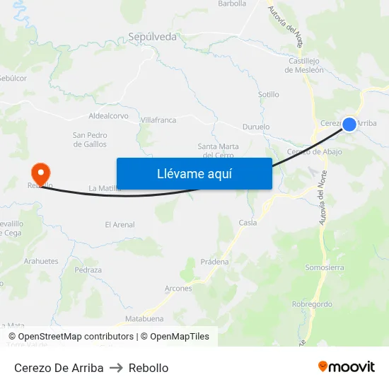 Cerezo De Arriba to Rebollo map