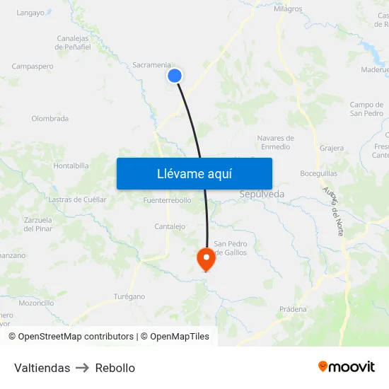 Valtiendas to Rebollo map