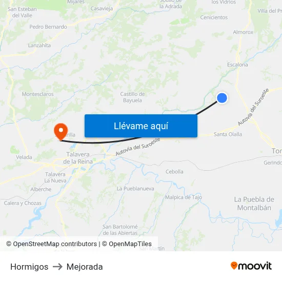 Hormigos to Mejorada map