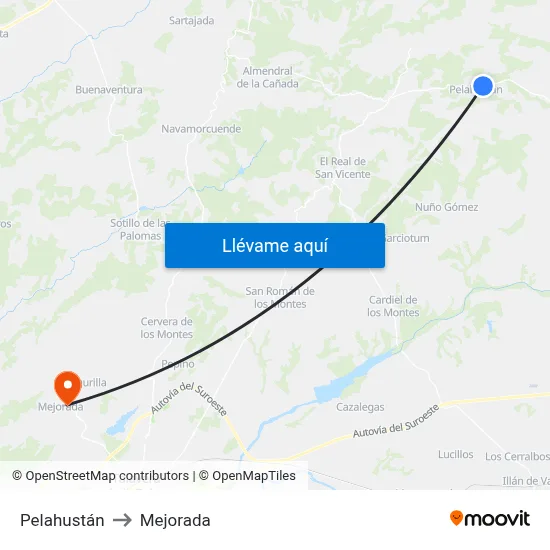 Pelahustán to Mejorada map