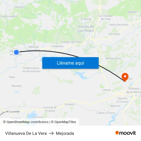 Villanueva De La Vera to Mejorada map