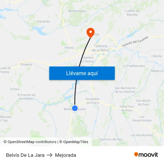 Belvís De La Jara to Mejorada map