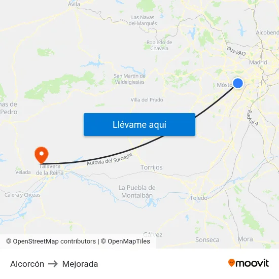 Alcorcón to Mejorada map