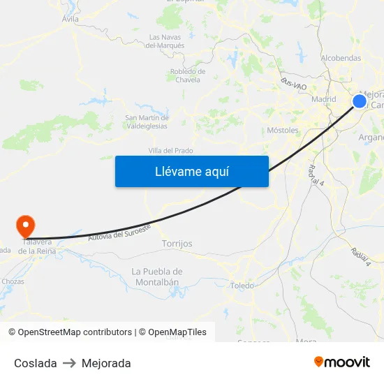 Coslada to Mejorada map