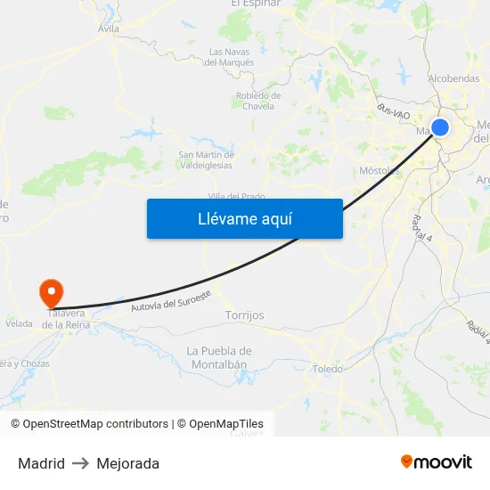 Madrid to Mejorada map