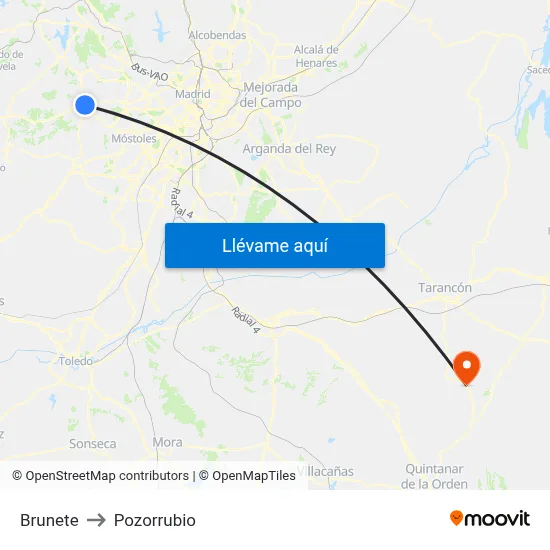 Brunete to Pozorrubio map