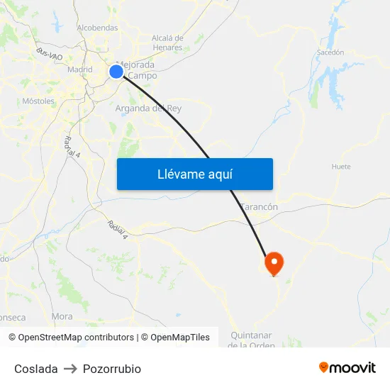 Coslada to Pozorrubio map