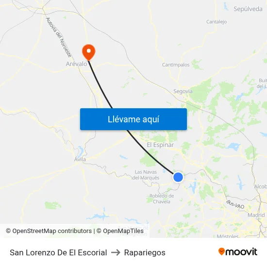 San Lorenzo De El Escorial to Rapariegos map