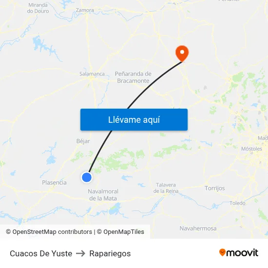 Cuacos De Yuste to Rapariegos map