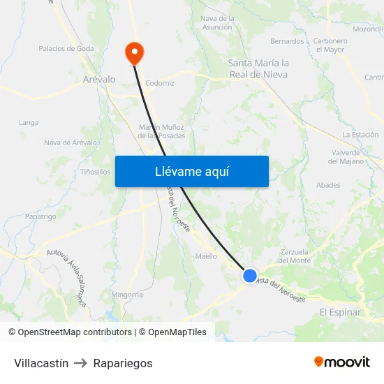 Villacastín to Rapariegos map