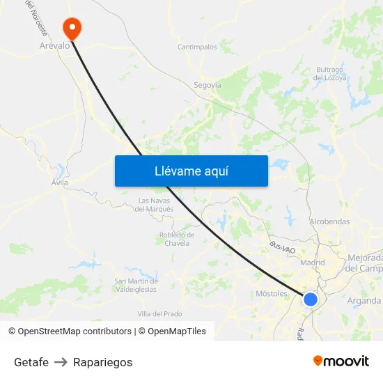 Getafe to Rapariegos map