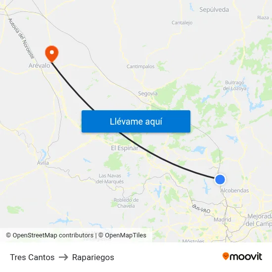 Tres Cantos to Rapariegos map