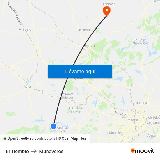 El Tiemblo to Muñoveros map