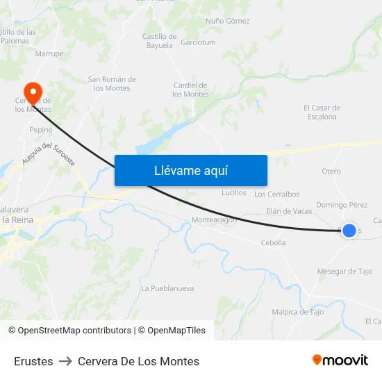 Erustes to Cervera De Los Montes map