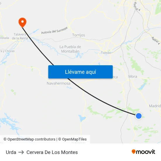 Urda to Cervera De Los Montes map