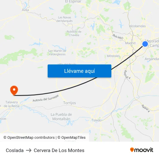 Coslada to Cervera De Los Montes map
