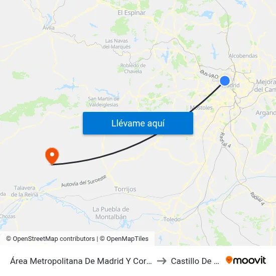 Área Metropolitana De Madrid Y Corredor Del Henares to Castillo De Bayuela map