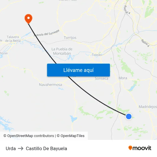 Urda to Castillo De Bayuela map