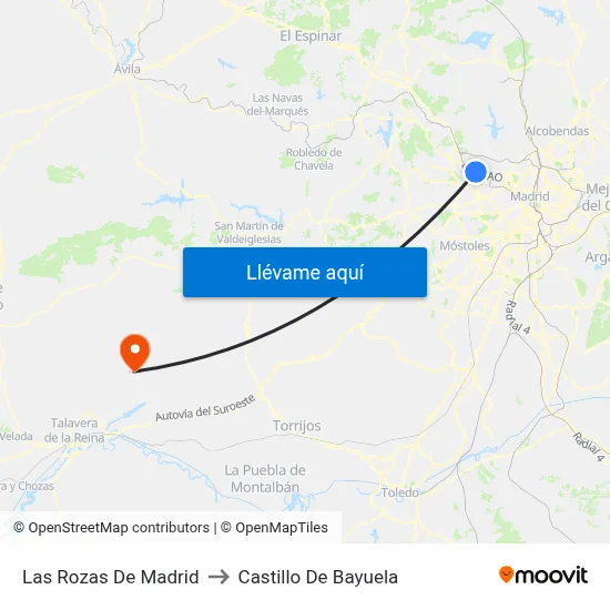 Las Rozas De Madrid to Castillo De Bayuela map
