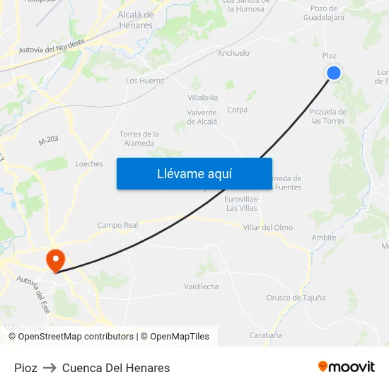 Pioz to Cuenca Del Henares map