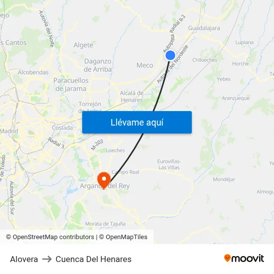Alovera to Cuenca Del Henares map