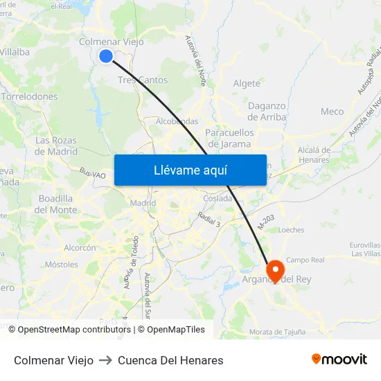 Colmenar Viejo to Cuenca Del Henares map