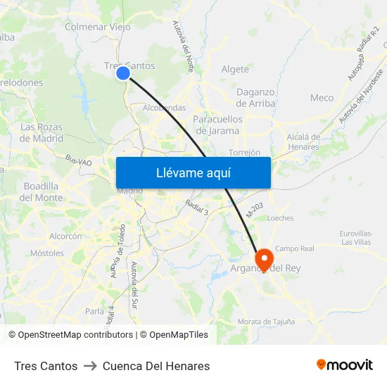 Tres Cantos to Cuenca Del Henares map