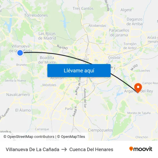 Villanueva De La Cañada to Cuenca Del Henares map