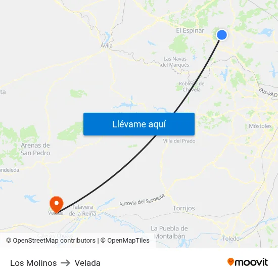 Los Molinos to Velada map