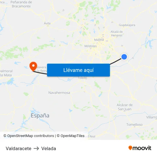 Valdaracete to Velada map