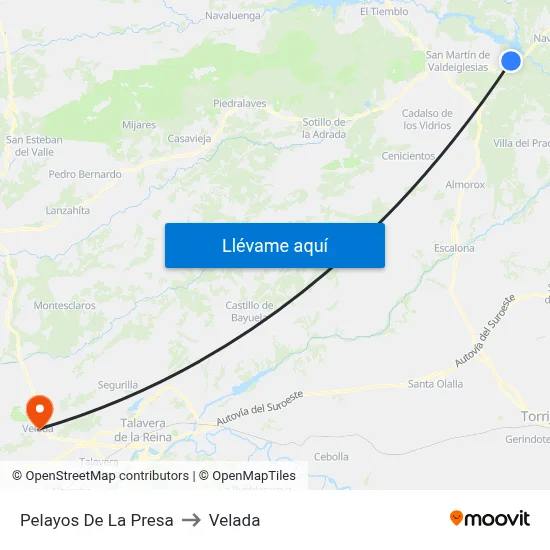 Pelayos De La Presa to Velada map