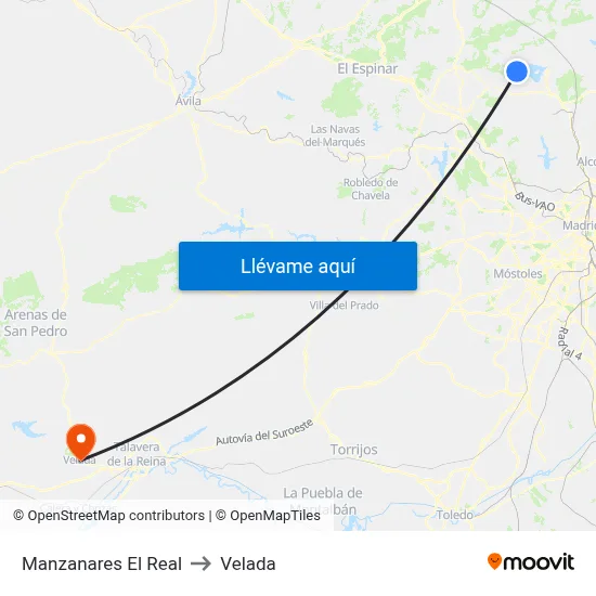 Manzanares El Real to Velada map