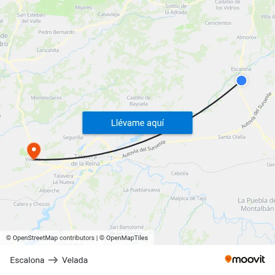 Escalona to Velada map