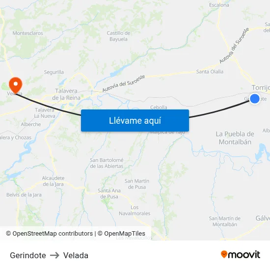 Gerindote to Velada map