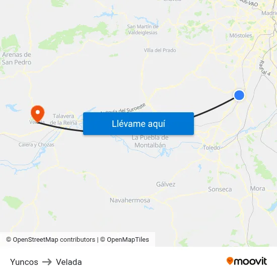 Yuncos to Velada map