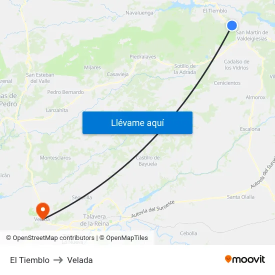 El Tiemblo to Velada map