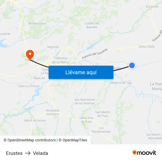 Erustes to Velada map
