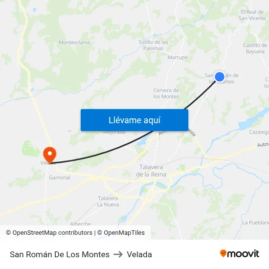 San Román De Los Montes to Velada map