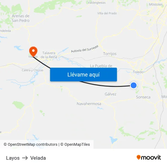 Layos to Velada map