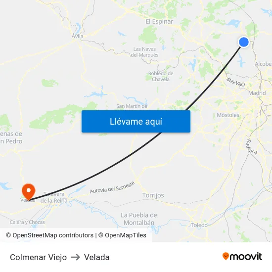 Colmenar Viejo to Velada map