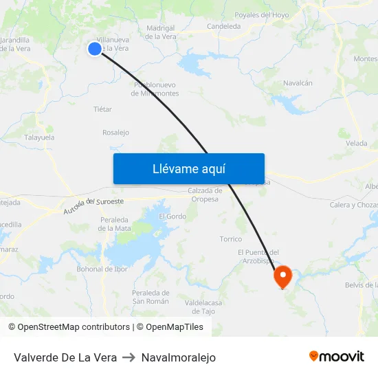 Valverde De La Vera to Navalmoralejo map