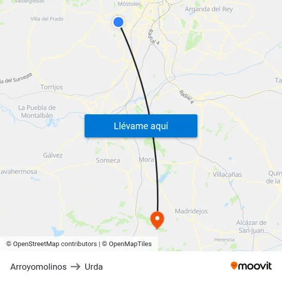 Arroyomolinos to Urda map