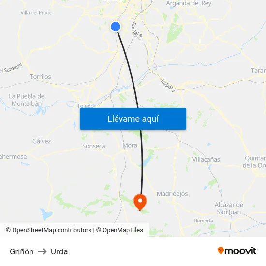Griñón to Urda map