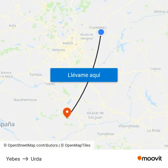 Yebes to Urda map