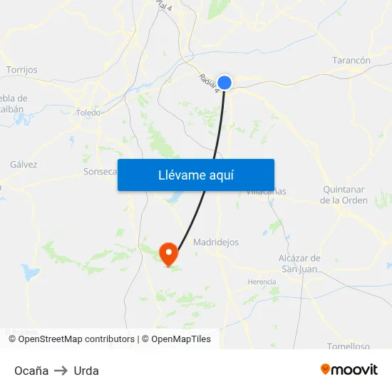 Ocaña to Urda map