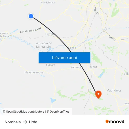 Nombela to Urda map